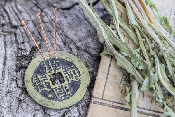 Acupuncture Needles Ancient Chinese Bronze Coin Old Medical Book Herbs — Stock Photo, Image
