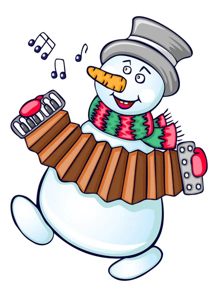 Classic Christmas Snowman Hat Singing Carol Playing Accordion — Stock Vector