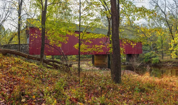 Panoramatický Pohled Frankenfield Krytý Most Který Klene Přes Tinicum Creek — Stock fotografie