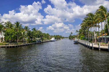 Fort Lauderdale Florida kanallar palmiye ağaçları ve pahalı evleri ile kaplı.