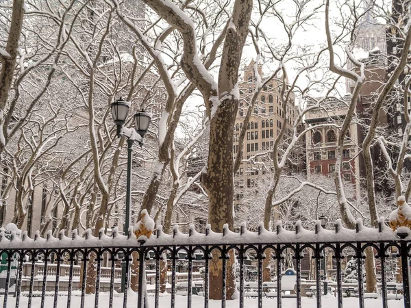 刚刚下过雪后在曼哈顿的布莱恩特公园 — 图库照片