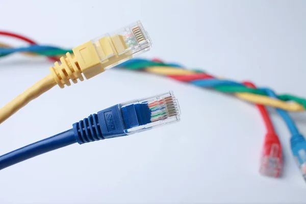 Network Ethernet Cables. Network switch with optical and ethernet connected wires. High quality photo