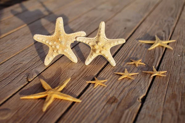 Starfish Wooden Pier Poured Wooden Deck Summer Vacation Concept Holidays — Stock Photo, Image