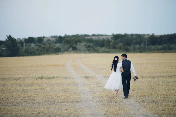 Νύφη Και Γαμπρός Κρατιούνται Από Χέρι Αγκαλιάζονται Και Περπατούν Στο — Φωτογραφία Αρχείου