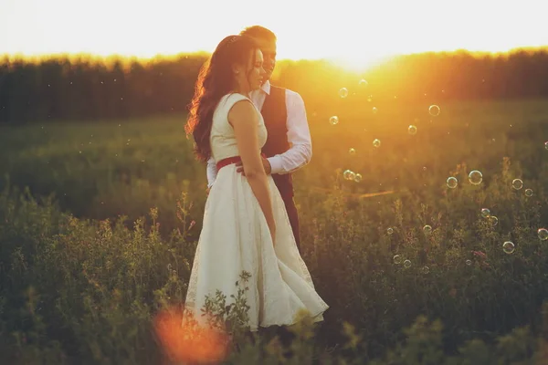 Gli Sposi Felici Abbracciano Nel Parco Tramonto Matrimonio Felice Concetto — Foto Stock