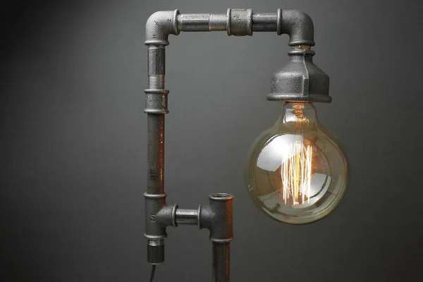 Retro Lamp Made Metal Water Pipes Edison Lamp Gray Background — Stock Photo, Image