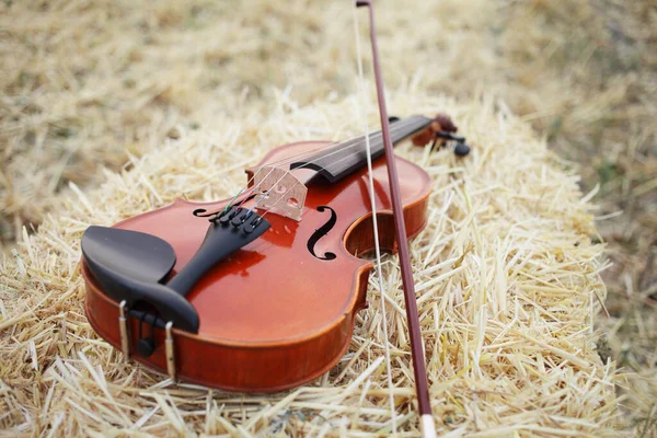 One violin and bow placed on a pile of straw in the field. Music Violin training. Fiddlestick, performing. Concept, baroque. Musical, fiddle.