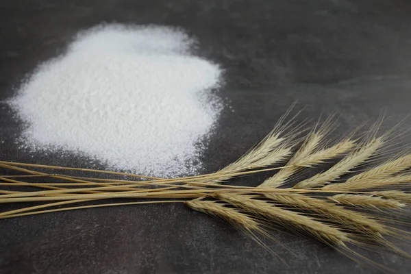 Ears of wheat and flour on a gray background. Top view, grain. Ripe wheat. For baking bread. High quality photo