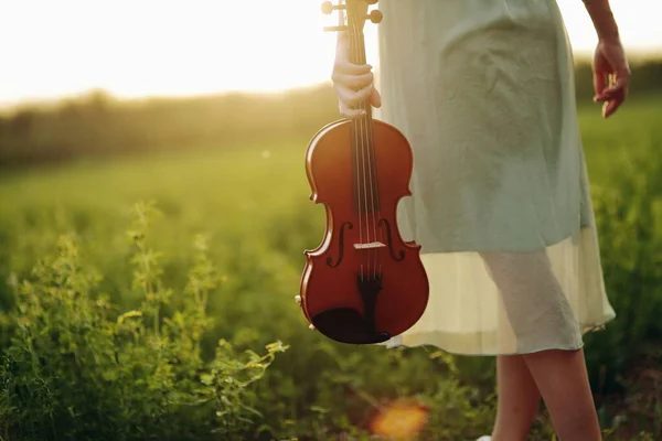 Violino Nas Mãos Uma Jovem Violinista Pôr Sol Conceito Treinamento — Fotografia de Stock