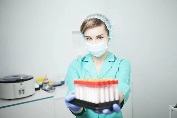 Woman Nurse Doctor Medical Mask Holds Test Tubes Blood Test Stock Image