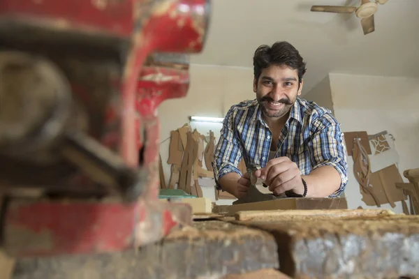 Low Angle View Smiling Carpenter Working Workshop — Stock Photo, Image
