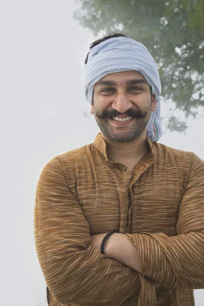 Portrait Smiling Village Man Curled Mustache Wearing Turban — Stock Photo, Image