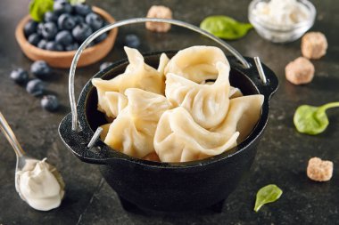 Yaban mersini ile mantı. Berriesjiaozi, Dimsum, Momo veya Ha Gao koyu arka plan üzerinde. Et, balık, sebze veya tatlılar ile doldurulmuş un dayalı hamur Asya gıda