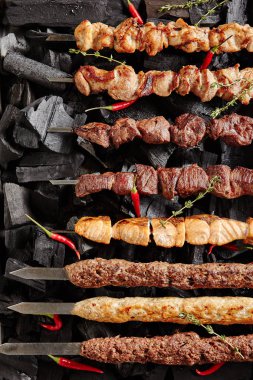 Şiş Kebap seti ya da Kömür Arkaplanında Bitki ve Baharatla Barbekü Şiş Koleksiyonu. Tavuklu tavuk eti, somon balığı, sığır eti ve kuzu eti karışımı.