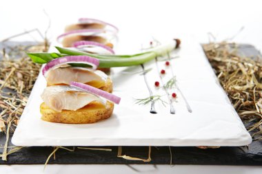 Ringa balığı kanepe patates ve soğan doğal rustik arka plan üzerinde. Balık fileto Scallions kuru saman ve siyah Arduvaz ile güzel yaratıcı deniz gıda tasarımı