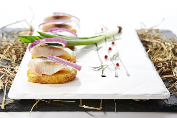 Ringa balığı kanepe patates ve soğan doğal rustik arka plan üzerinde. Balık fileto Scallions kuru saman ve siyah Arduvaz ile güzel yaratıcı deniz gıda tasarımı