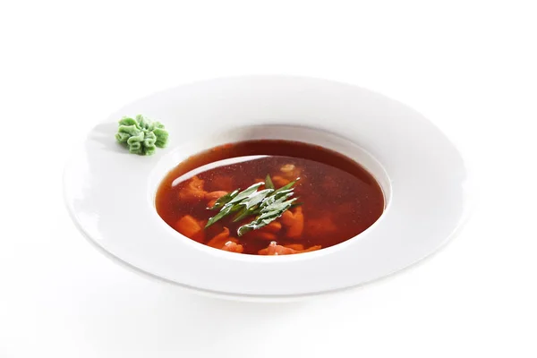 Hot Transparent Soup Seafood White Plate Isolated Sour Spicy Bouillabaisse — Stock Photo, Image