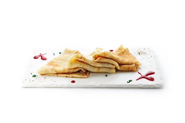 Folded Crepe Pancakes White Rectangular Plate Sugar Sauce Spices Attractive — Stock Photo, Image