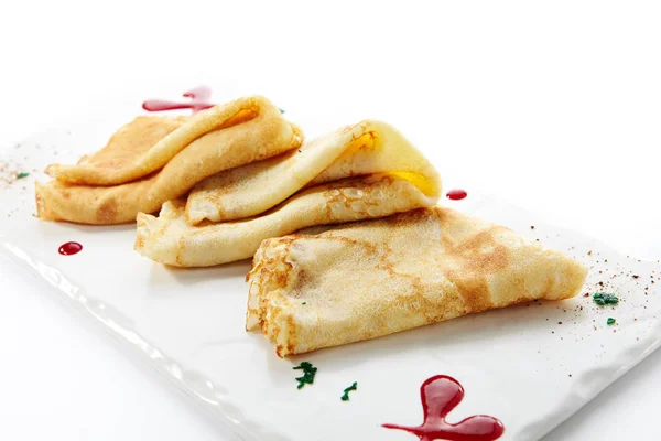 Folded Crepe Pancakes White Rectangular Plate Sugar Sauce Spices Attractive — Stock Photo, Image