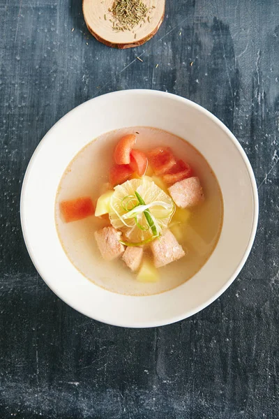 Fish Soup Salmon Trout Tuna Fillet Clear Broth Tomatoes Onions — Stock Photo, Image