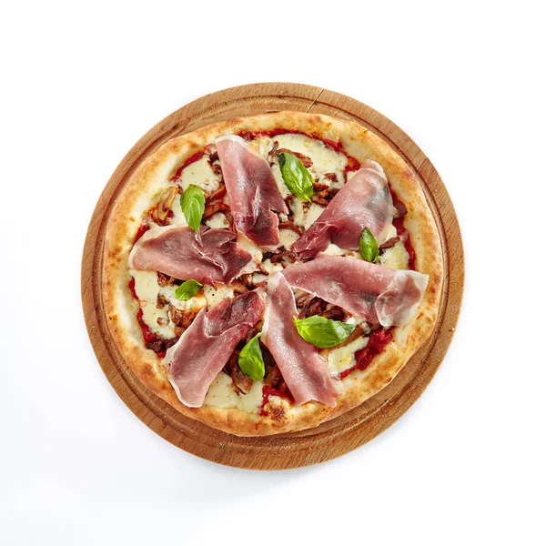 Pizza Parma Ham Porcini Mushrooms Mozzarella Cheese Fresh Basil Cherry — Stock Photo, Image