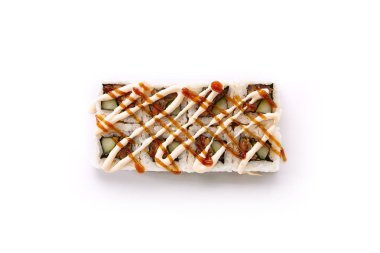Beyaz arka planda Izole Sushi Rolls üst görünüm