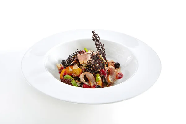 Duck Breast Salad Bonfire Aroma Warm Peach Elegant Restaurant Plate — Stock Photo, Image