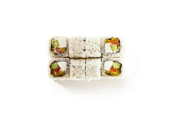 Conjunto Uramaki Sushi Com Raw Salmon Sliced Pickled Daikon Fresh — Fotografia de Stock