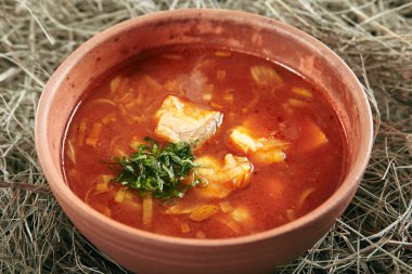 Güzel hizmet Vintage seramik kase kırmızı balık çorbası ile somon ve Pike levrek. Geleneksel ev yapımı Ukha, Bouillabaisse veya domatesli ve sebze rustik arka plan üzerinde Halaszle