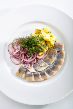 Tuzlanmış ringa balığı menüsüyle restoran deniz ürünleri, soğan halkaları ve zarif restoran plaka üzerinde doğranmış patates haşlanmış. Marine balık fileto parçalarını yeşil dereotu üstten görünüm ile dekore edilmiştir.