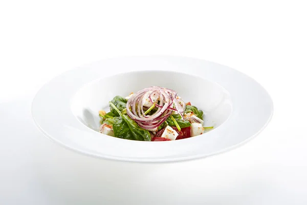 Grüner Salat Mit Ziegenkäse Spinat Tomaten Und Roten Zwiebelringen Auf — Stockfoto