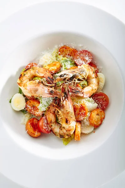 Caesar Salad Tiger Shrimps Croutons Tomatoes Greens Top View King — Stock Photo, Image