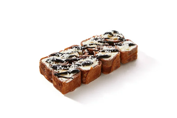 Chocolate Maki Sushi Pancake Rolls with Fruits Close Up — Stock Photo, Image