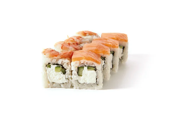 Łosoś i krewetki Sushi Roll z ogórkiem i serem Cream ins — Zdjęcie stockowe