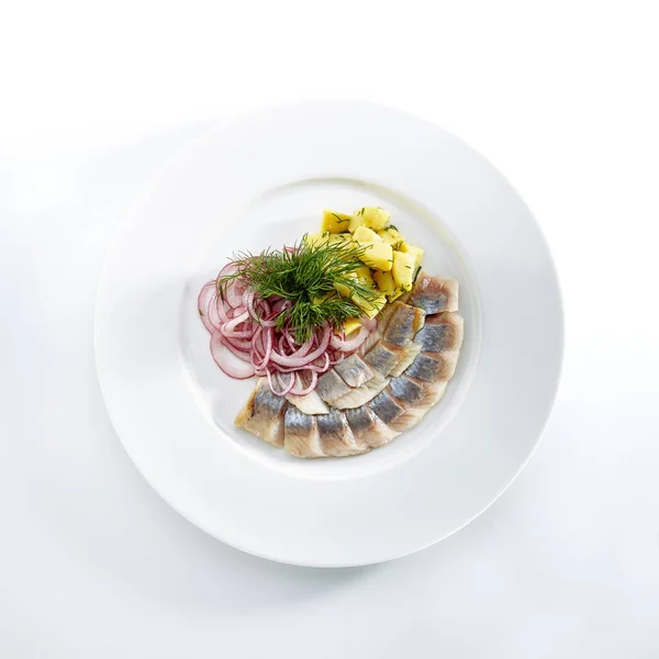 Salted Herring with Onions and Potato Isolated — Stock Photo, Image