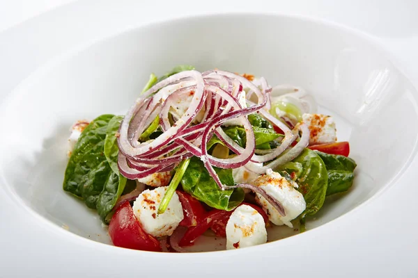 Salada com Queijo de Cabra, Espinafre, Tomate e Cebolas Isoladas — Fotografia de Stock