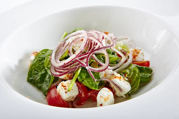 Insalata con formaggio di capra, spinaci, pomodoro e cipolle isolate — Foto Stock