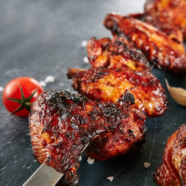 Deep Roasted Spicy Buffalo Chicken Wings on a Skewer — Stock Photo, Image