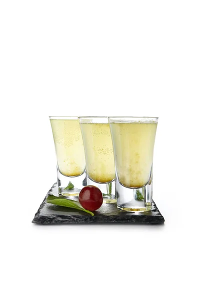 Strong Alcohol Shot Set in Three Small Glasses Isolated — Stock Photo, Image