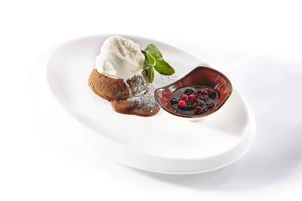 Chocolate Flan with Ice Cream and Jam Isolated — Stock Photo, Image