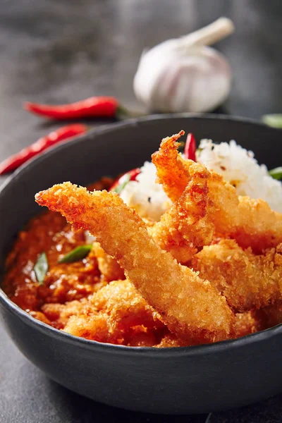 Hot Spicy Fried Shrimps with Curry and Rice — Stock Photo, Image
