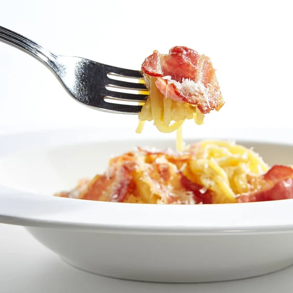 Macro Foto de Yummy Spaghetti Carbonara — Foto de Stock