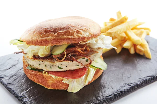 Chicken Burger with French Fries Garnish — Stock Photo, Image