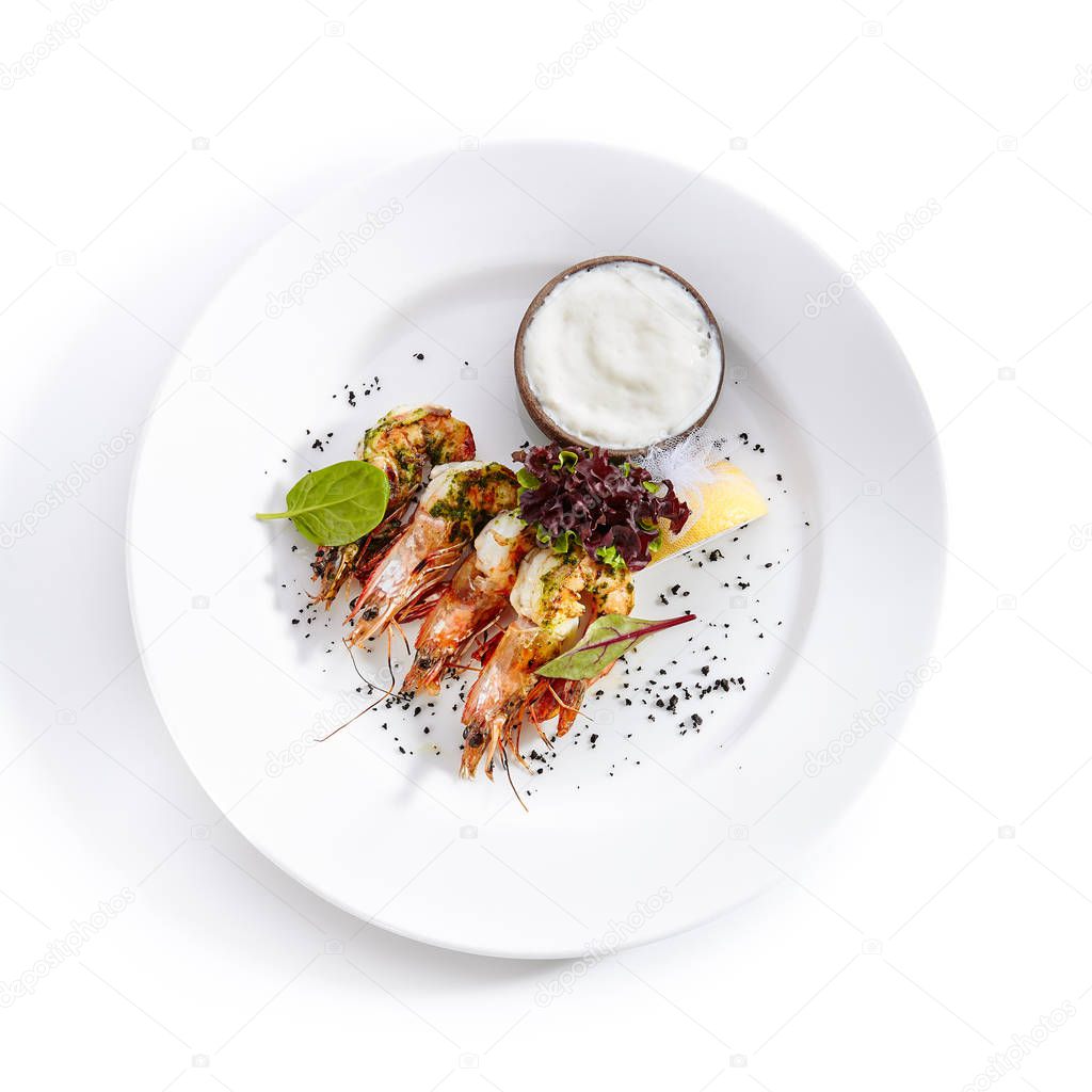Grilled Shrimps with Vegetables Isolated on White Background