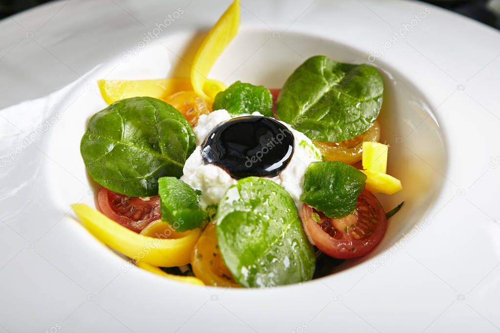 Stracciatella with Pickled in Olive Oil Tomatoes, Basil Marmalad