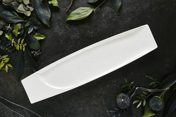 Requintado servindo modelo de placa de restaurante branco em dar natural — Fotografia de Stock