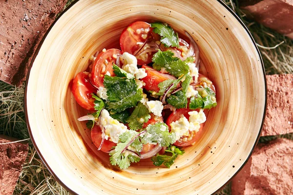 Ensalada de tomate con cebolla roja en fondo de heno de estilo rústico —  Fotos de Stock