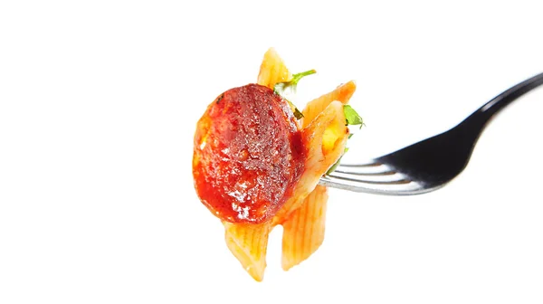 Italian Pasta Salami Cold Smoked Tomatoes Onion Garlic Fresh Basil — Stock Photo, Image