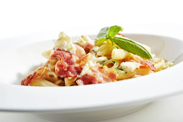 Italian Penne Pasta Bacon Blue Cheese Sauce Onion Chicken Fillet — Stock Photo, Image