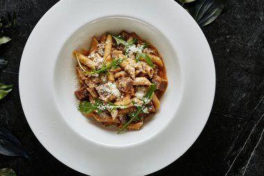 Beef Cheeks Sos Close Up ile Ev Yapımı İtalyan Penne Makarna Zarif Hizmet Beyaz Restoran Tabağı. Doğal Koyu Taş Arka Plan üzerinde Dana ile Şık Yüksek Mutfak Çanak veya Paccheri